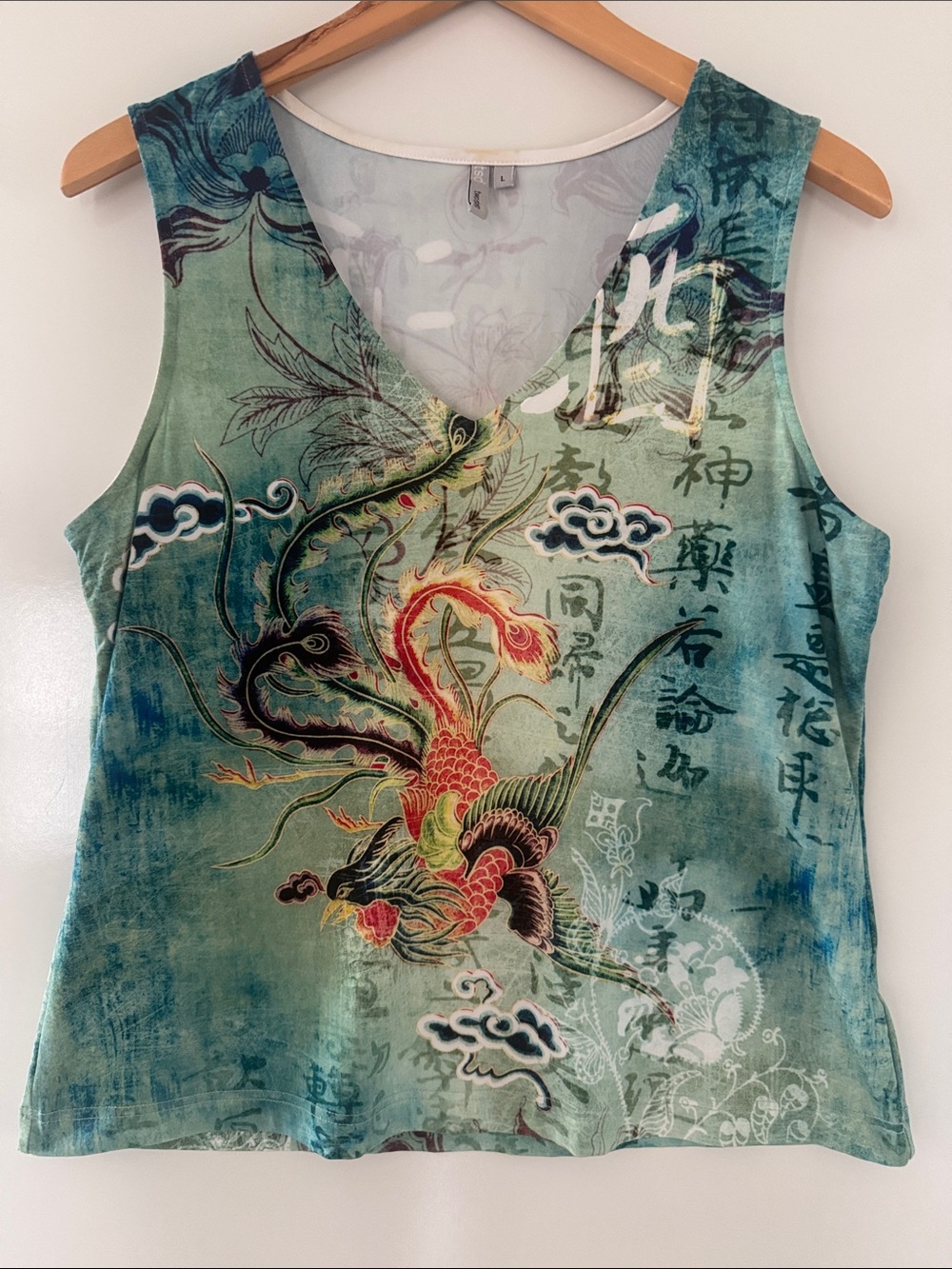 TSD Two Star Dog Women’s Large Dragon Print V-Neck Tank Top Japanese Y2K